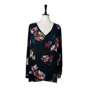 Chelsea & Theodore Tunic Top V-neck Chiffon Black Red Floral Women’s Size XL